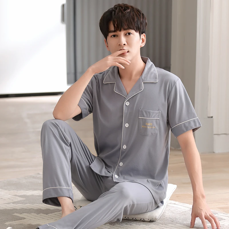 Long Pant & Short Sleeves Sleeping Top Cotton Sleepwear for Men 2024 Summer Spring Cardigan Home Clothes Male Big Size L-4XL