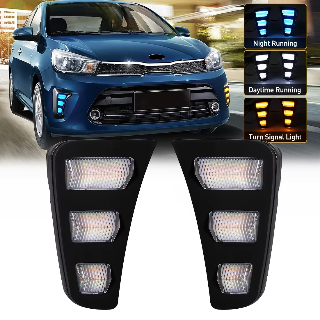 Led DRL For Kia Pegas 2018 2019 Daytime Running Lights Dynamic Turn Signal Fog Lamps Auto White Yellow Blue Car Accessories 12V