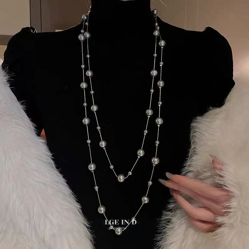 Elegante Temperament Mehrschichtige Layered Perle Kette Halskette Prominente Lange Pullover Kette frauen Mode Schmuck Zubehör – Detail 11