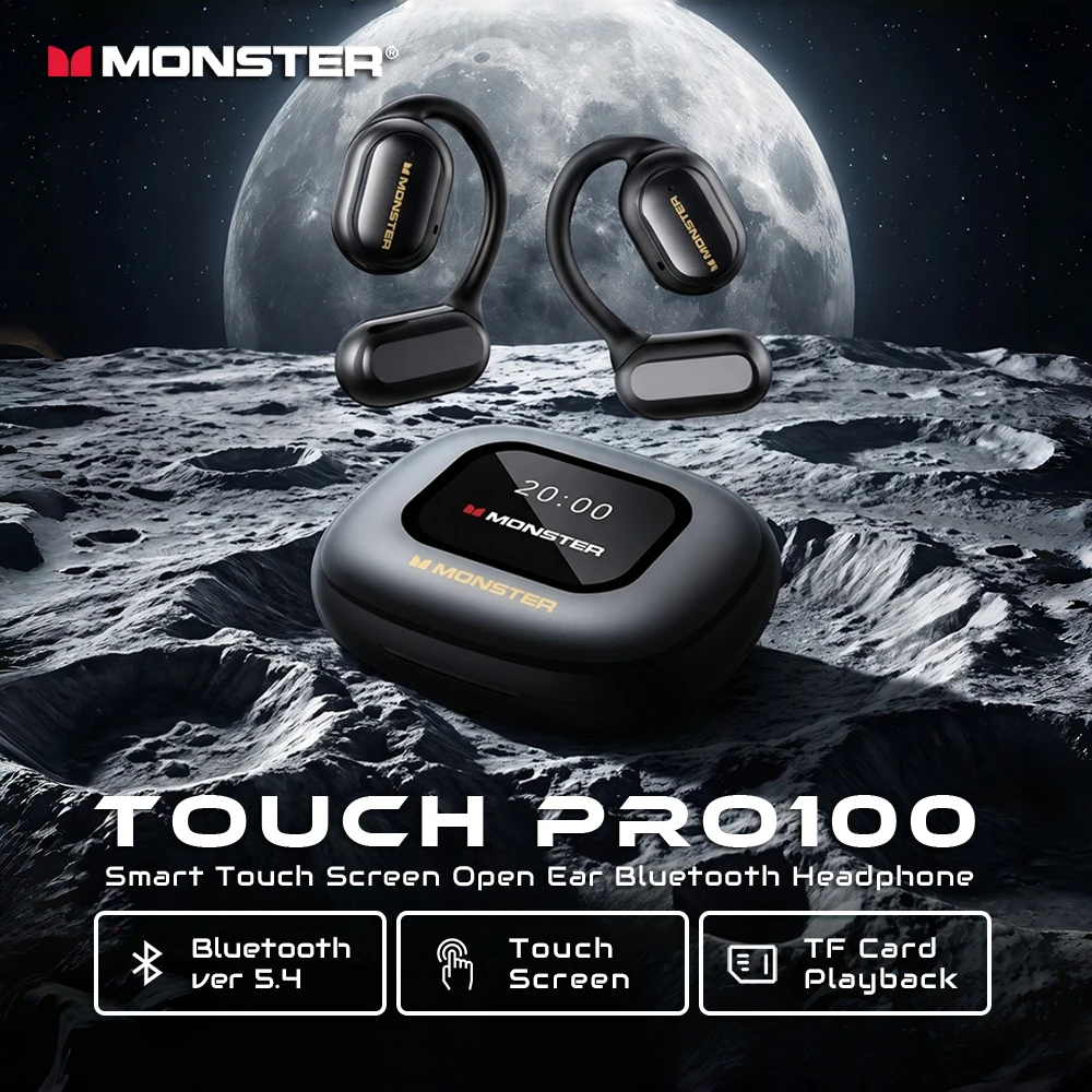 Monster Touch Pro100 Smart Touch Screen Bluetooth 5.4 Headphones OWS Ear Hook Earphone Open Ear Wireless Earbuds Support TF Card