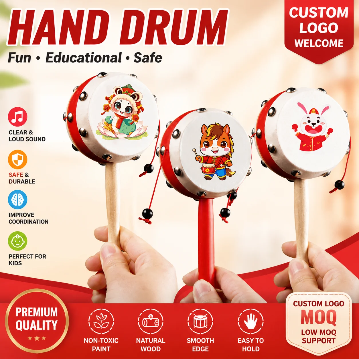 Drumming toys that can chew on hand cranked drums, baby wooden sheepskin, traditional children, newborns, boys and girls