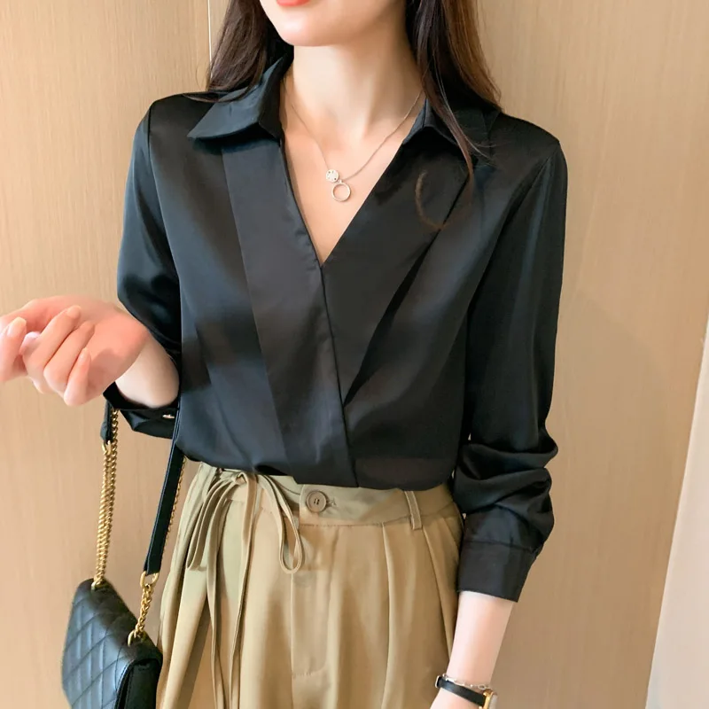 2024 Spring Fashion Solid V-neck Chiffon Blouses Women Clothing Soft Loose Commuting Casual Shirt Top Chiffon V-neck Pullovers