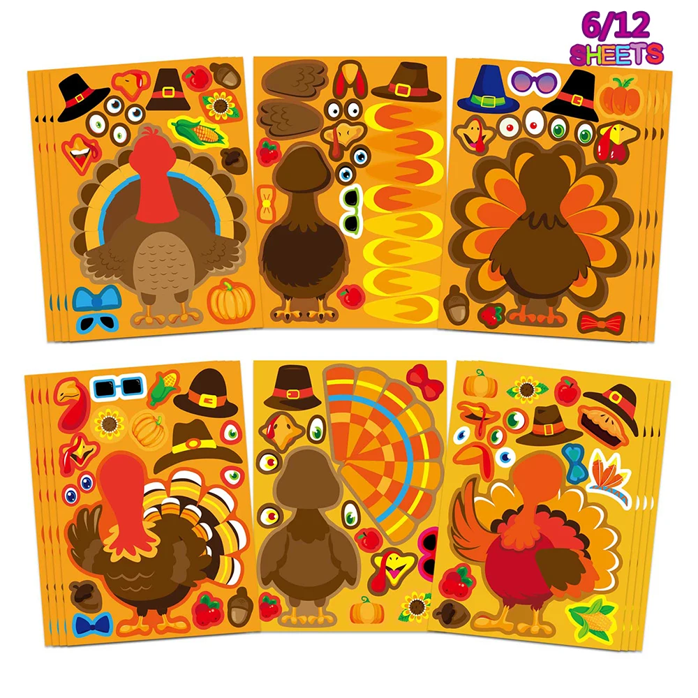 6/12Sheets Make a Face Puzzle Stickers Thanksgiving Day Create Your Own Turkeys DIY Game Children Assemble Jigsaw Kids Toy Party