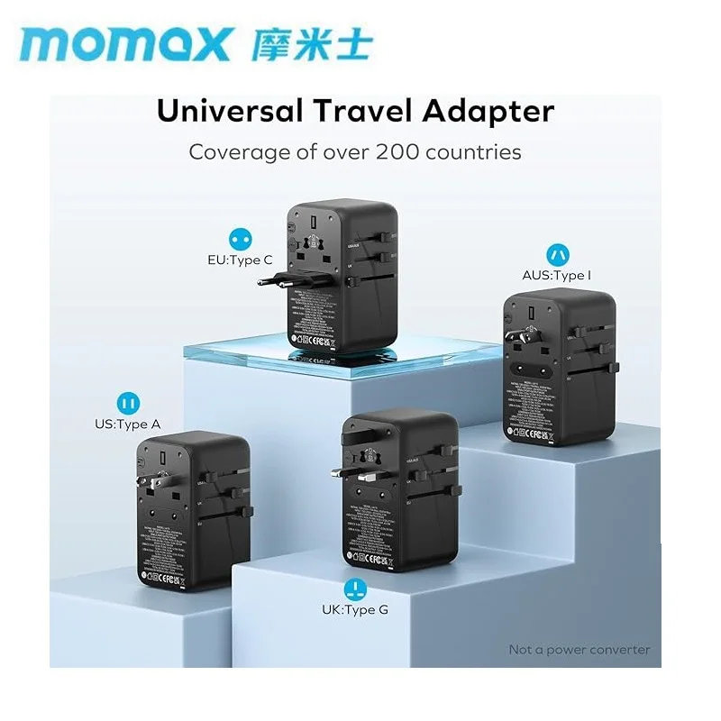 MOMAX Universal Power Adapter 120W Fast GaN السفر التوصيل USB-C Travel Plug 여행 플러그 US UK EU AU Charger for Laptops Tablets