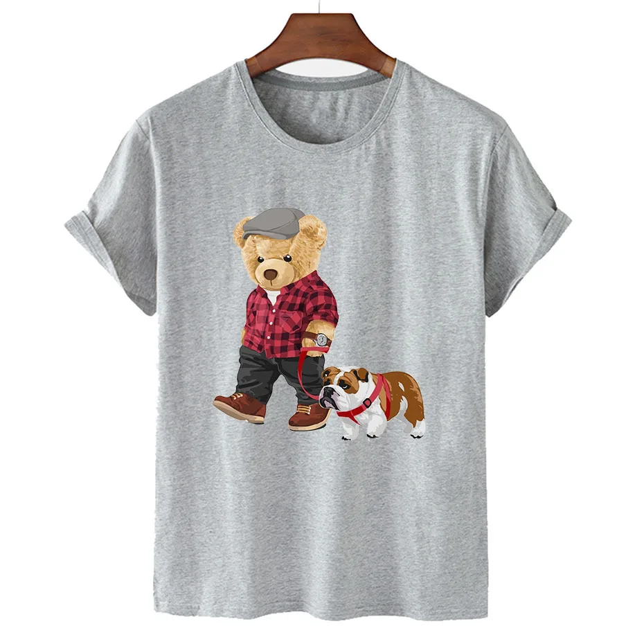 100% Cotton Dog Walking Bear Short Sleeve T-Shirt Women's Summer 2022 Women's Casual T-Shirt Unisex Short Sleeve T-Shirt S-4XL