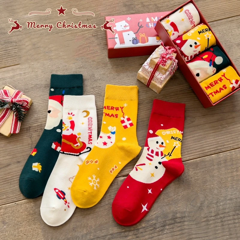 

Winter Christmas Socks Women Warm Cotton Crew Sock Set Cute Cartoon Snowman Santa Claus Xmas Unisex Socks Festival Sock Gifts