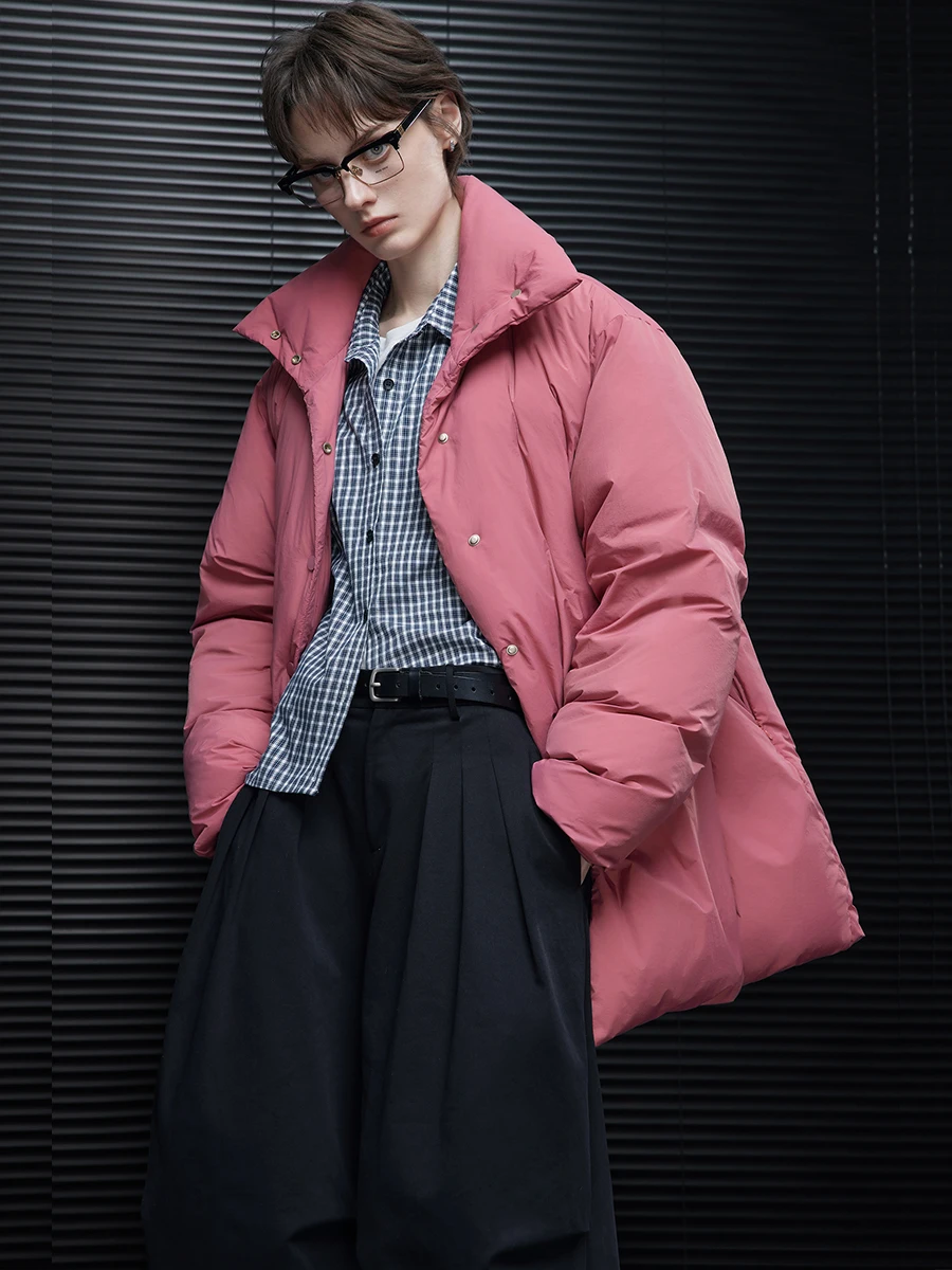 

Pink Stand Collar Mid-Length down Jaet Women's Bread Sle Loose Fit Autumn Winter New Arrival Street Sle Polyester