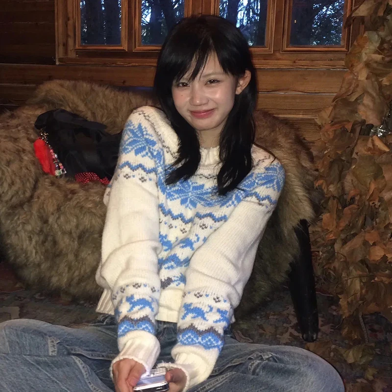 

Japanese Y2k Knitted Pullover Vintage Harajuku Off Shoulder 2000s Style Korean Fashion Christmas Retro Sweater for Women Winter