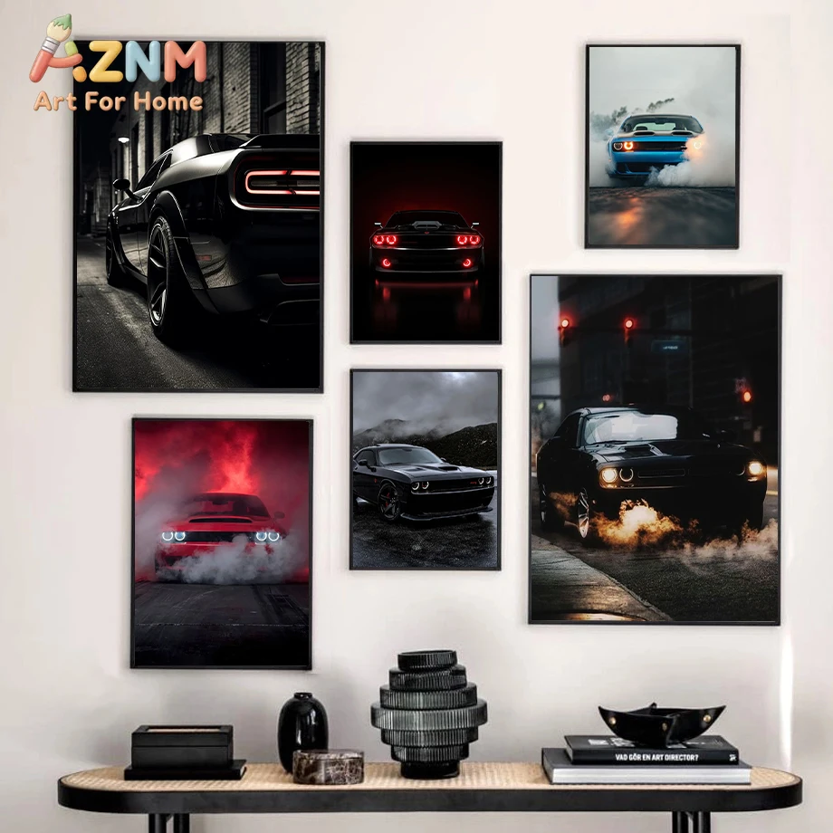 AZNM Dodge Challenger Muscle Car Moody Wall Art Print, Singl