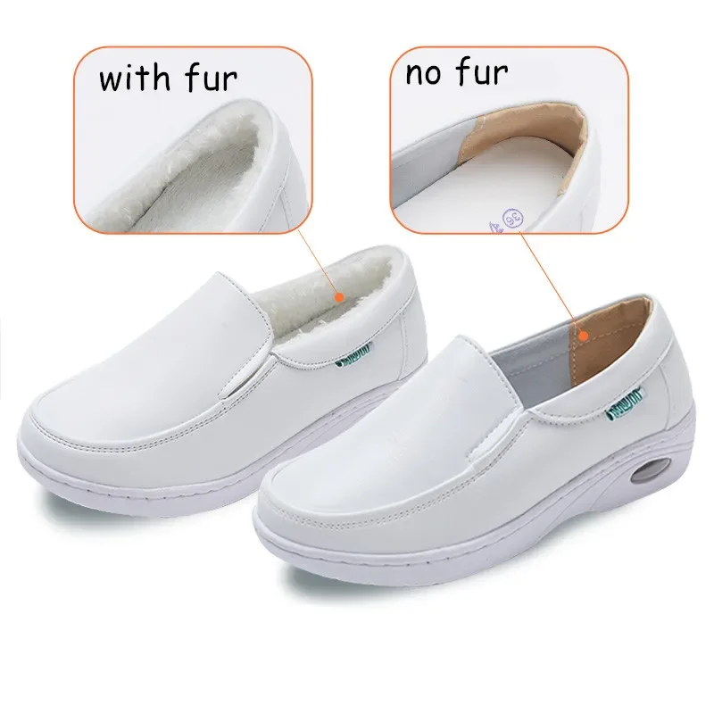 YAERNI Air Cushion White Nurse Shoes Winter Flats  Platform Sneakers Warm Moccasins with Fur Slip on Loafers Cotton Shoes