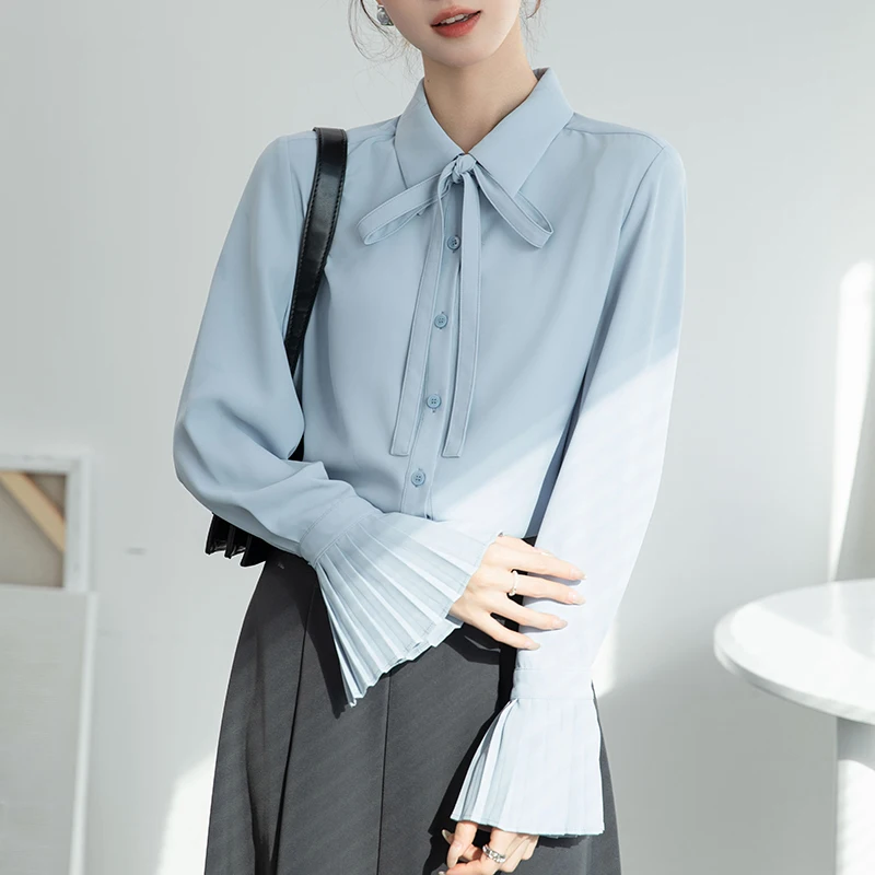Blauw Shirt Vrouwen Lange Mouw Beroep Kantoor Dames Blouse Koreaanse Mode Tops Flare Mouw Witte Shirts Vrouwelijke S-XL