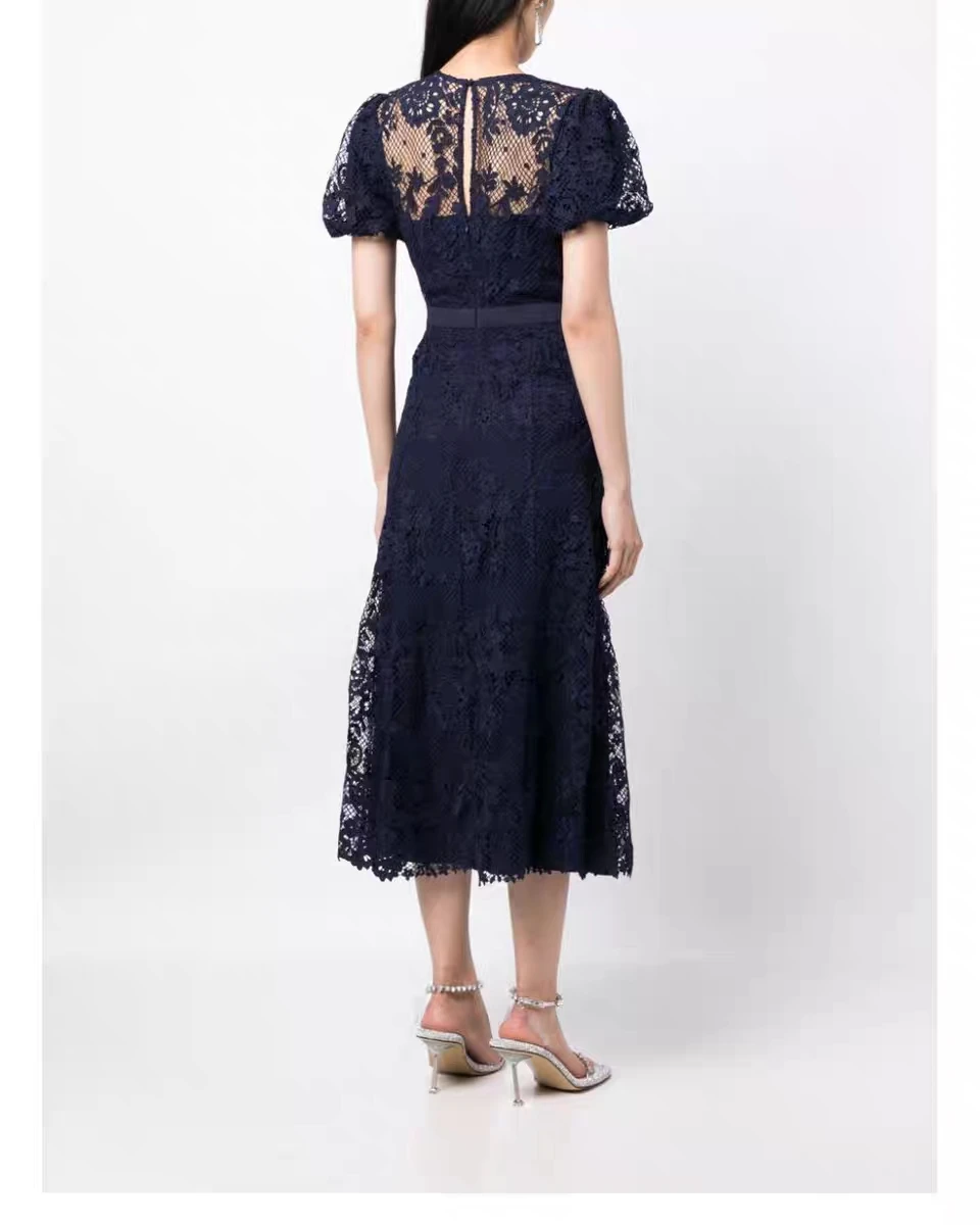 Women lace embroidery midi dress Puff Sleeve Navy Blue Hollow Out long Dress