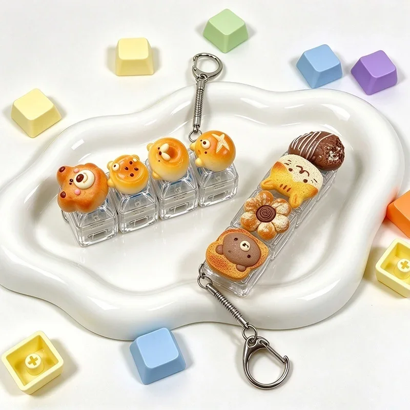 Mini Mechanical Keychain Fidget Toy Cartoon Bread Animal 4 Keys ASMR Click Sound Cute Stress Relief Toy Portable Bag Charm Gift