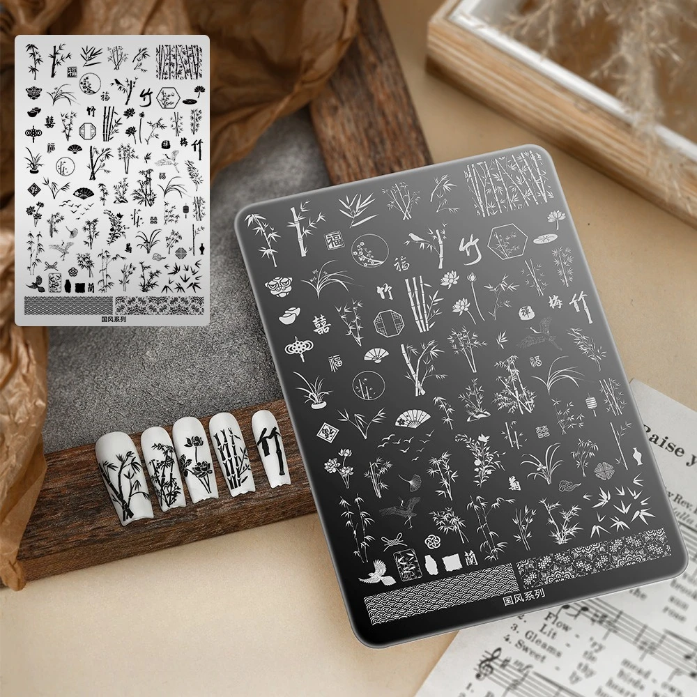 Hochwertige Nagelkunst-Stempelplatte, Neues Design Edelstahl-Transferwerkzeug mit Blumen-, Schmetterlings-, Leoparden-, Kreuz- und Schneeflocken-Motiven