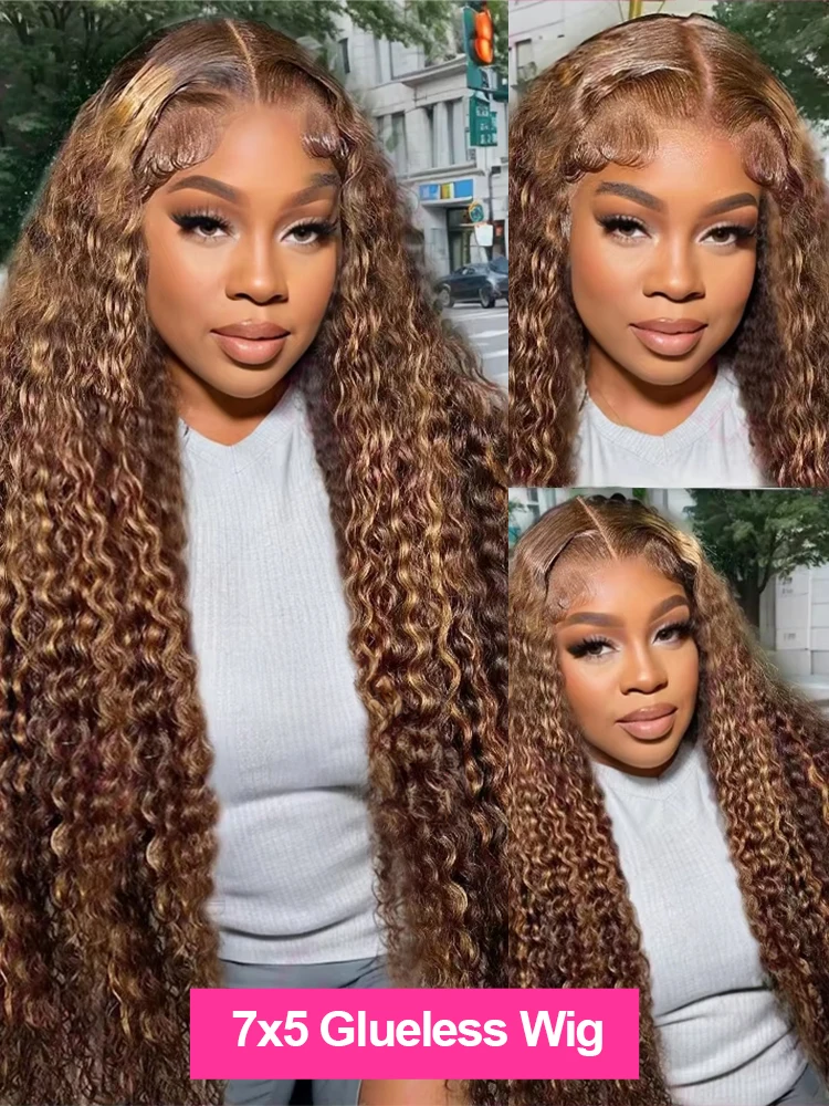 วิกผมสำเร็จรูปแบบไม่ต้องใช้กาว 250% ความหนาแน่น พร้อมส่ง ไฮไลท์สีออมเบร วิกผมลอนสีน้ำตาล 13x4 HD Lace Frontal วิกผมแท้จากผมมนุษย์ วิกผมลอนลึกแบบคลื่นน้ำ