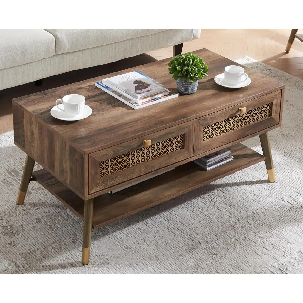 Wooden Mid Century Modern Coffee Table, Retangle Coffee Table with Two Drawers for Living Room, Rustic Oak