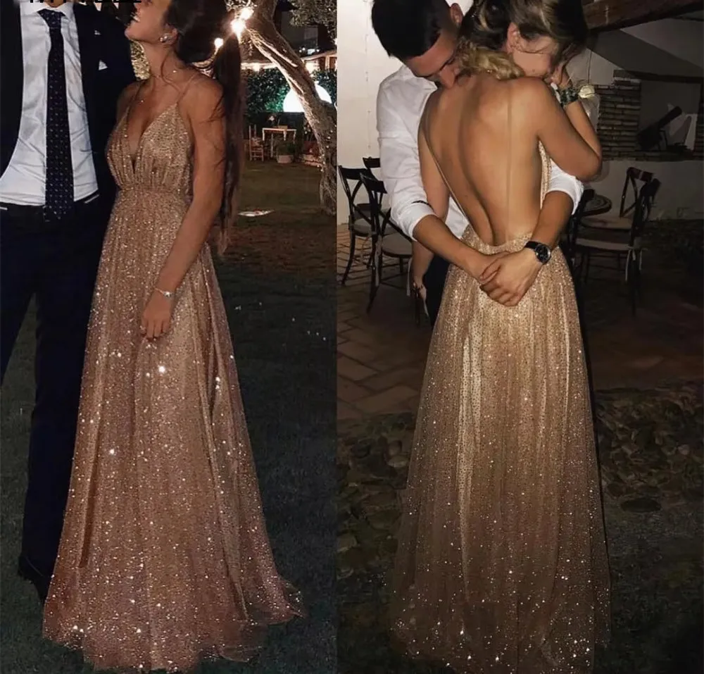 

Customized Sexy Backless Shining Prom Dresses V-Neck Spaghetti Straps A-line Cocktail Dress Special Event Party Evening Dress