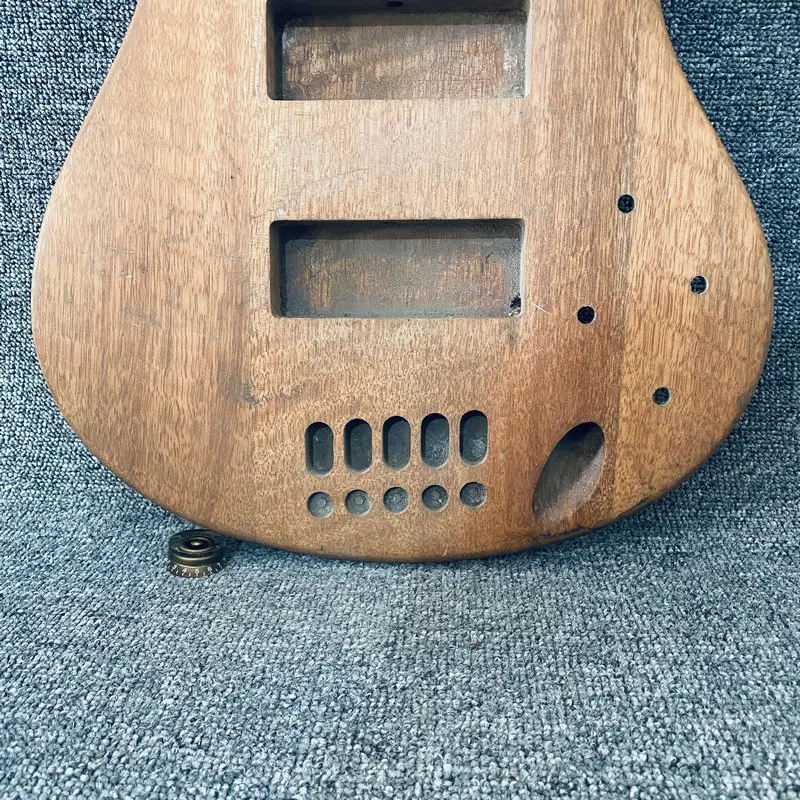 HB430  5 Strings Electric Bass Right Hand Unfinished Jazz Bass Body in Solid Redwood for DIY Replace with Damages Fixed Bridges