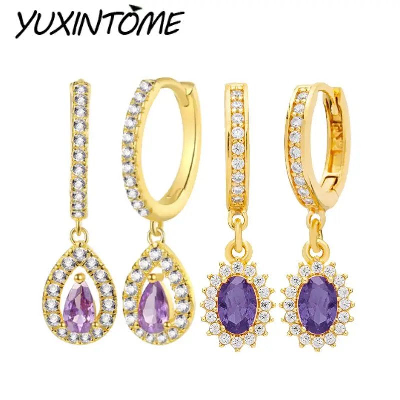 

925 Sterling Silver Needle Elegant Fashionable Purple Water Drop Full Zircon Pendant Earrings Women's Wedding Earrings Jewelry