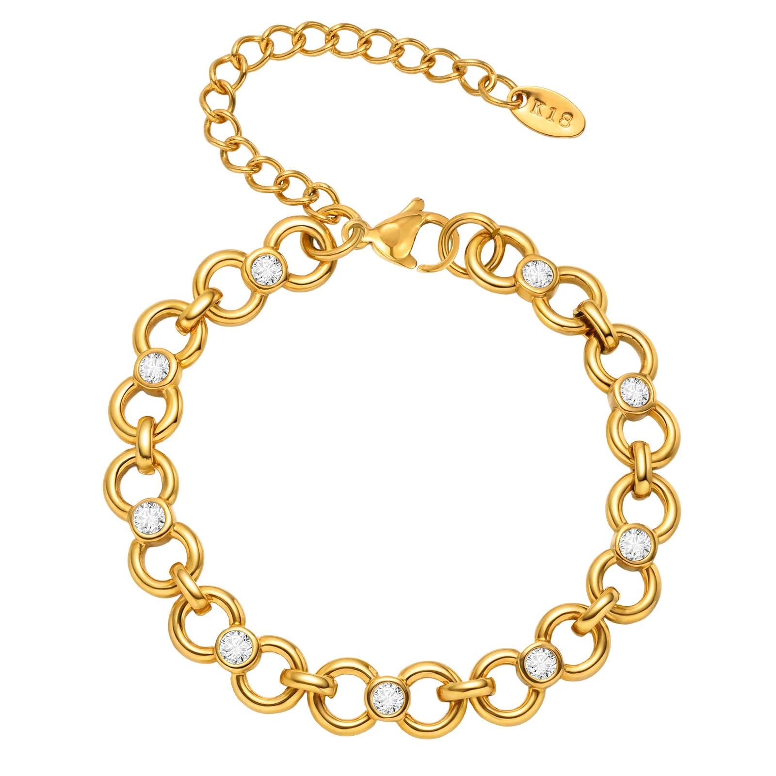 Luxury Round Zircon Chain Bracelet for Women, Chunky Link 18k PVD Plated Statement Stackable Party Jewelry