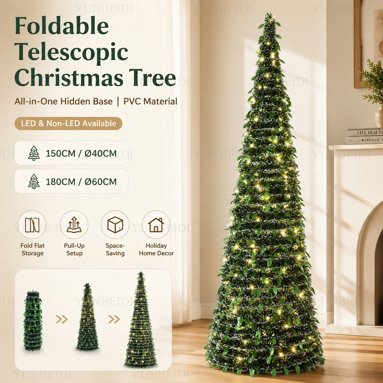 Foldable Artificial Christmas Tree 150cm/180cm with LED Lights Integrated Christmas Tree Home Christmas Party Scene Decorations