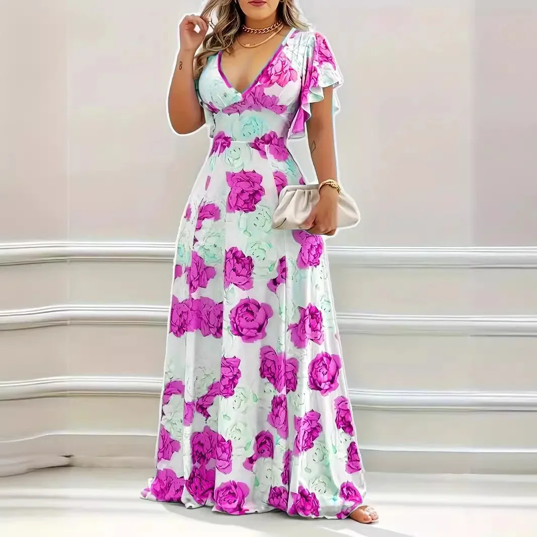 Summer New Floral Flower Printed Dress V-neck Short Sleeve Dress Large Swing High Waist Sexy Women Long Dress