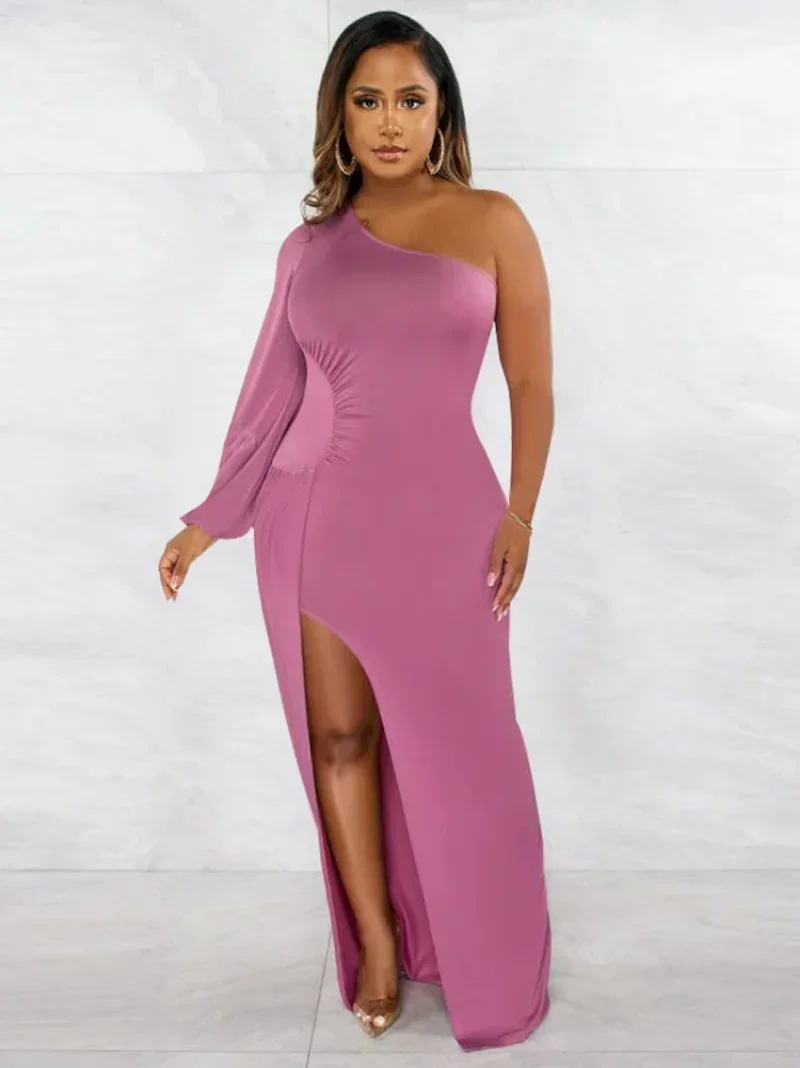 KEXU-Vestido largo ajustado de manga larga con cuello oblicuo, vestido Sexy con abertura lateral alta para fiesta nocturna, ropa de discoteca, vestidos largos para mujer