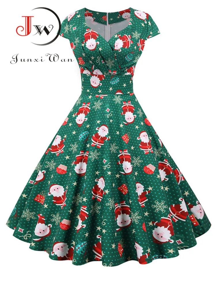 Christmas Party Dress Women Short Sleeve V Neck Elegant Vintage Print Xmas New Year Prom Sundress 3XL Robe