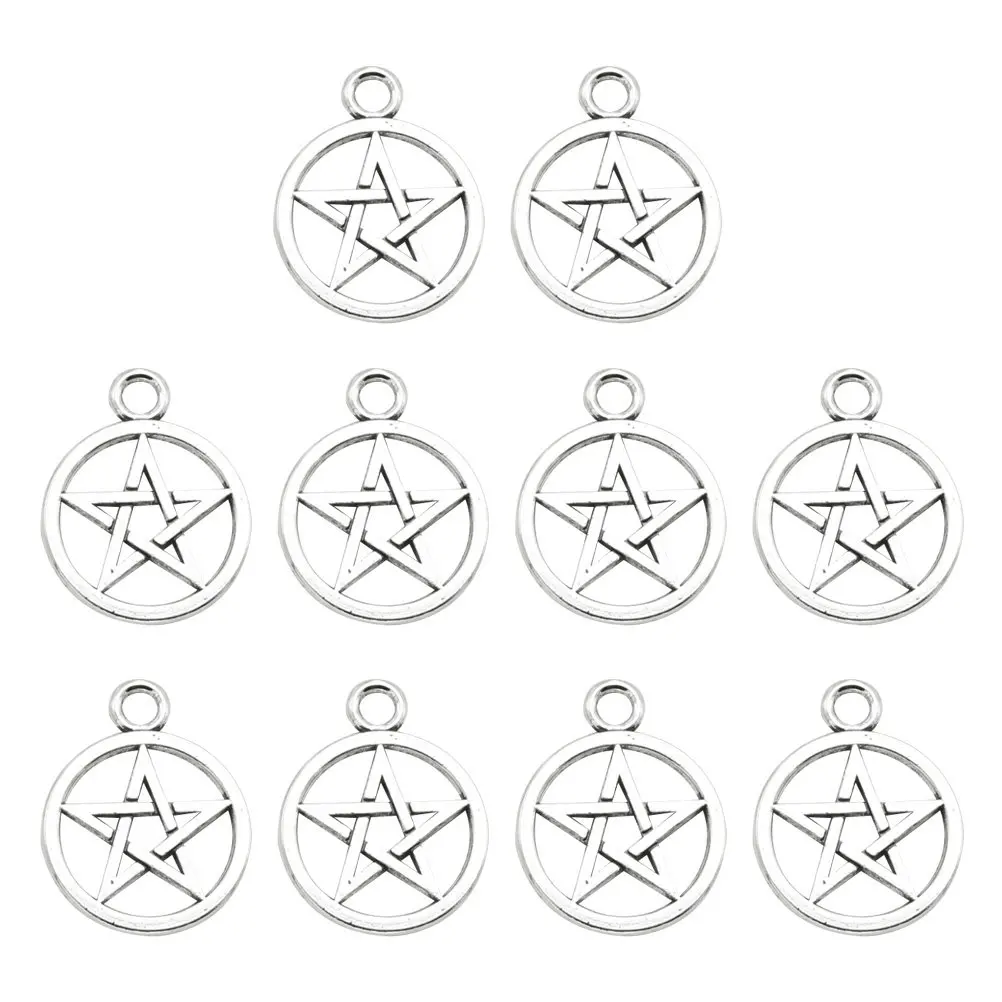

10Pcs Hollow Round Five Pointed Star Pendant Pentagram Charm Silver DIY Jewelry Making for Necklace Bracelet Keychain