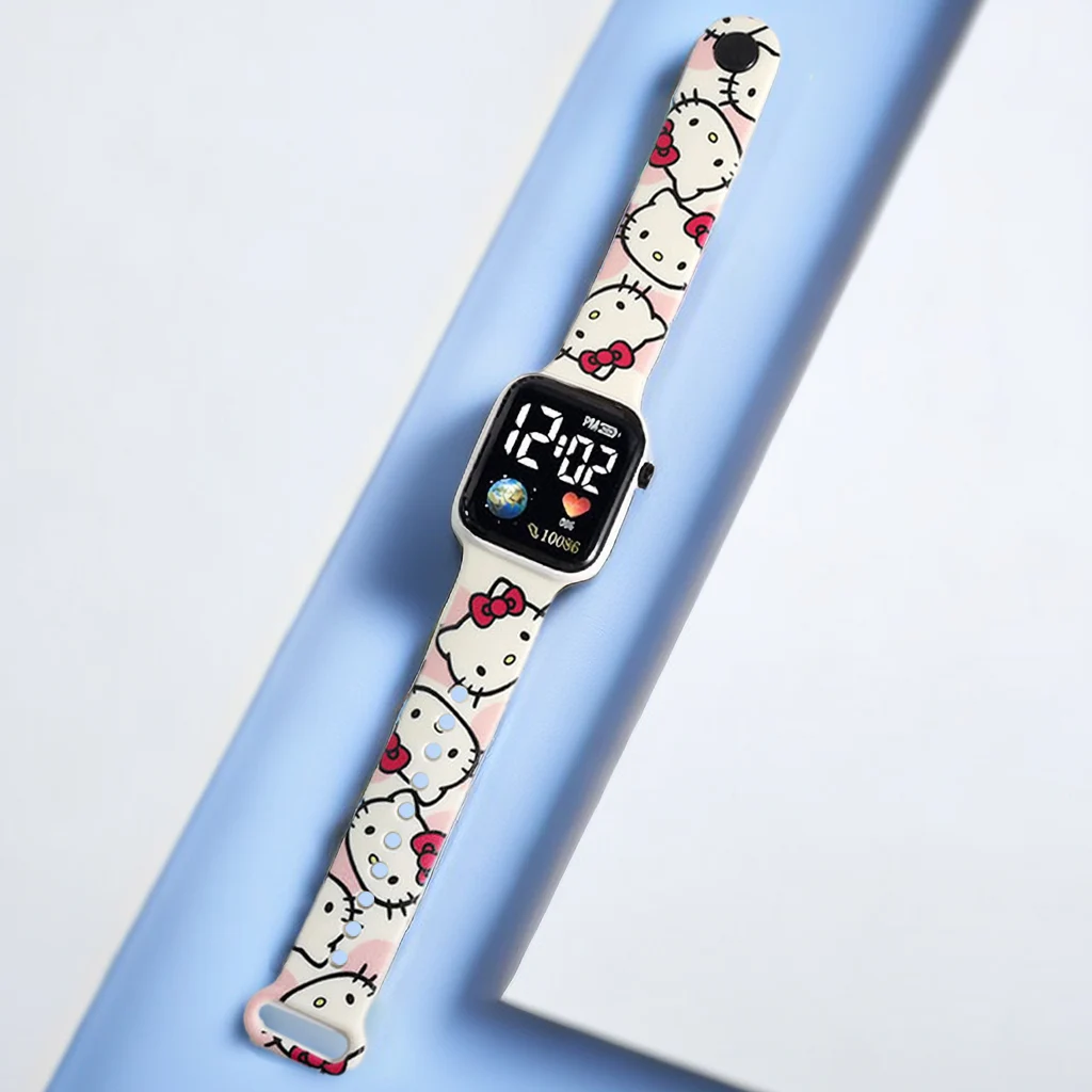 Fashion Hello Kitty Cartoon Printed Button LED Electric Watch Girls Teenager Personality Stitch Printed Square Children Watch 
