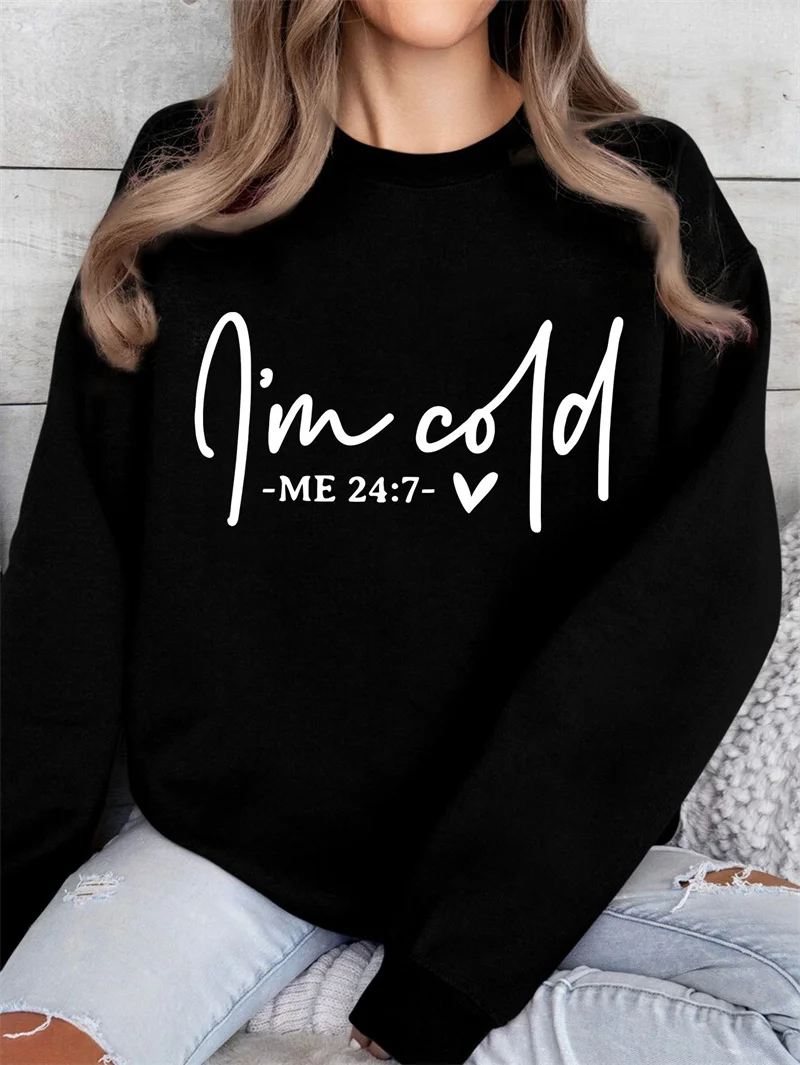 New winter cotton women's i'm cold me letter print fashion casual vintage round neck fleece long-sleeved hoodie