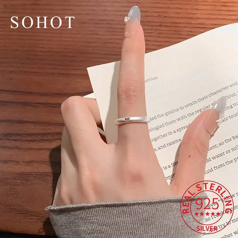 

Real 925 Sterling Silver Hollow Heart Frosted Opening Ring for Charm Women Minimalist Trendy Fine Jewelry Cute Accessories