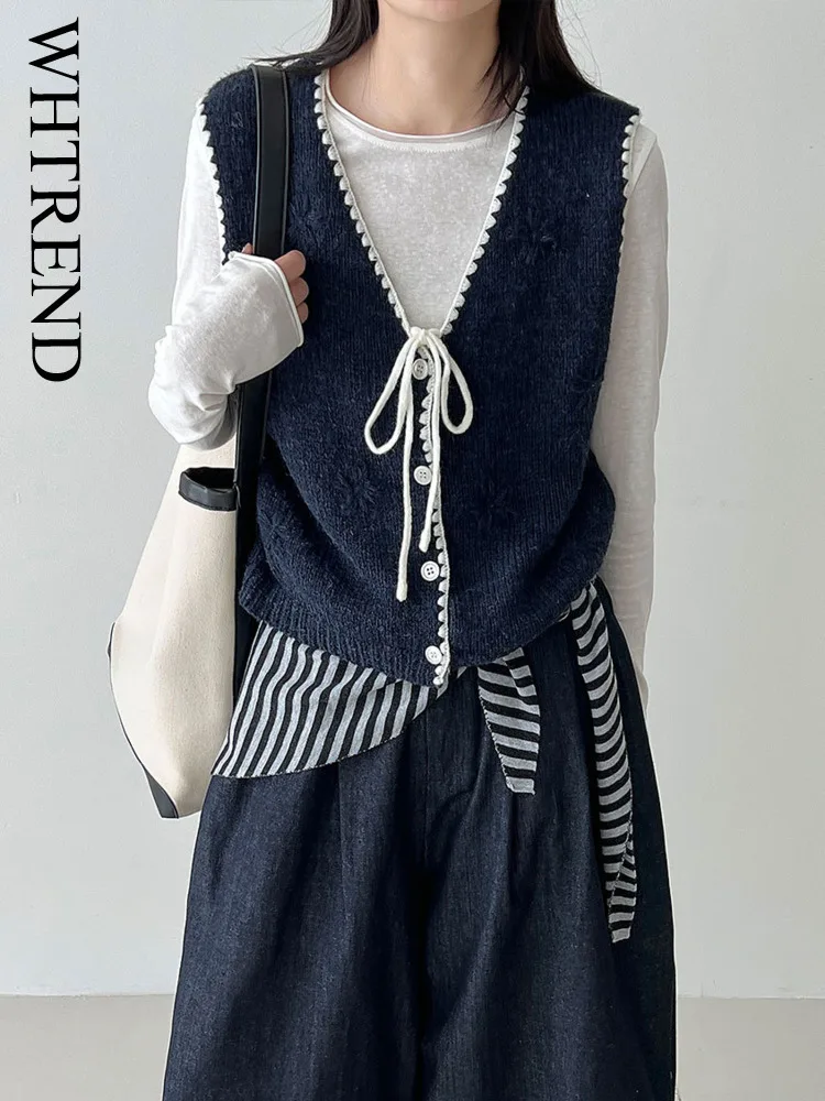 

WHTREND Korean Style V-Neck Lace-Up Layered Vest For Women, Autumn New Soft Wool Knitted Vest WH1760
