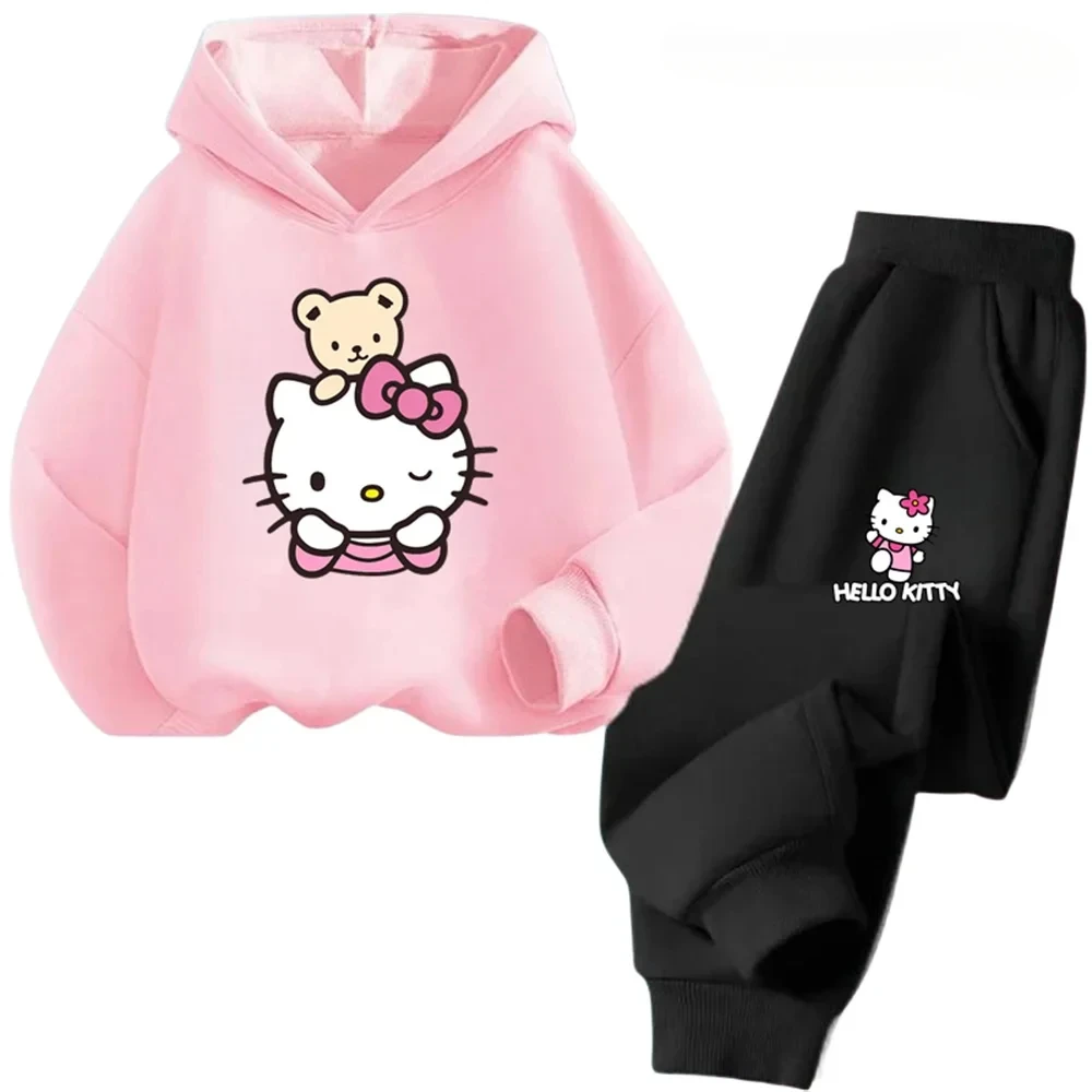 Kawaii Anime Hello Kitty Children Hoodie + Trousers 2pcs Sets Spring Autumn 3-14 Age Kids Girl Casual Clothes Fashion Sportsuits