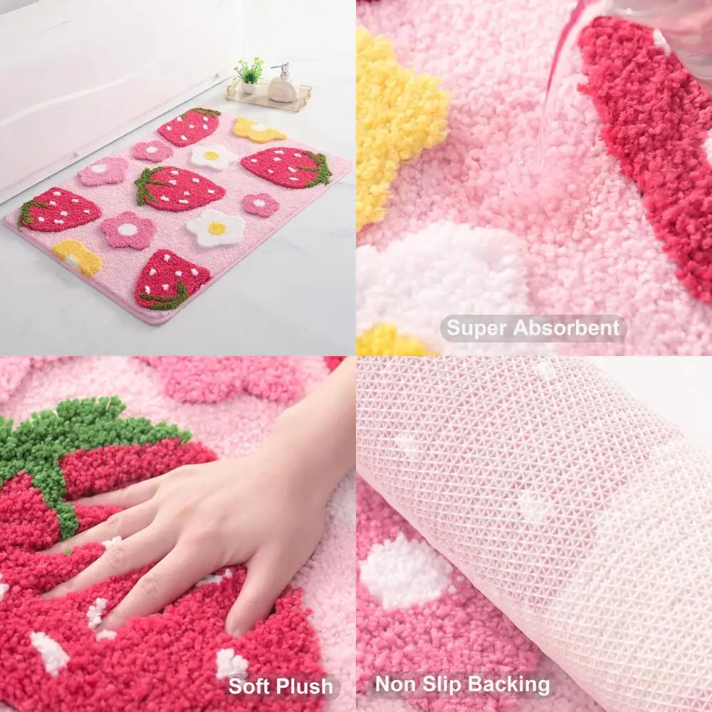 

Cute Strawberry Flower Bath Mat, Non-Slip Machine Washable Microfiber Rug for Shower and Bathtub, 24x36 inches