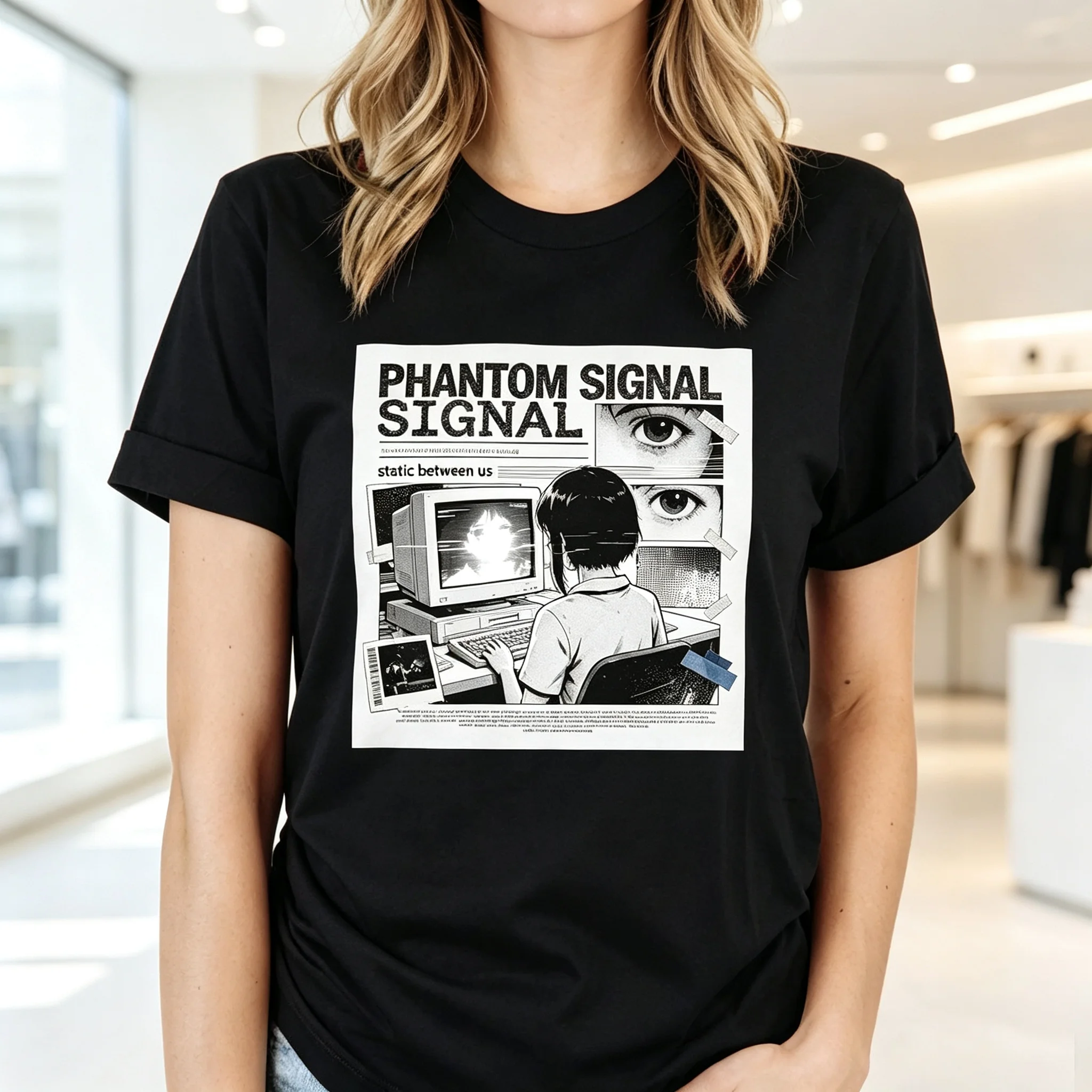 Phantom Signal Anime Girl Graphic T-Shirt Retro Old Computer Manga Collage Black White Vintage Short Sleeve Tee