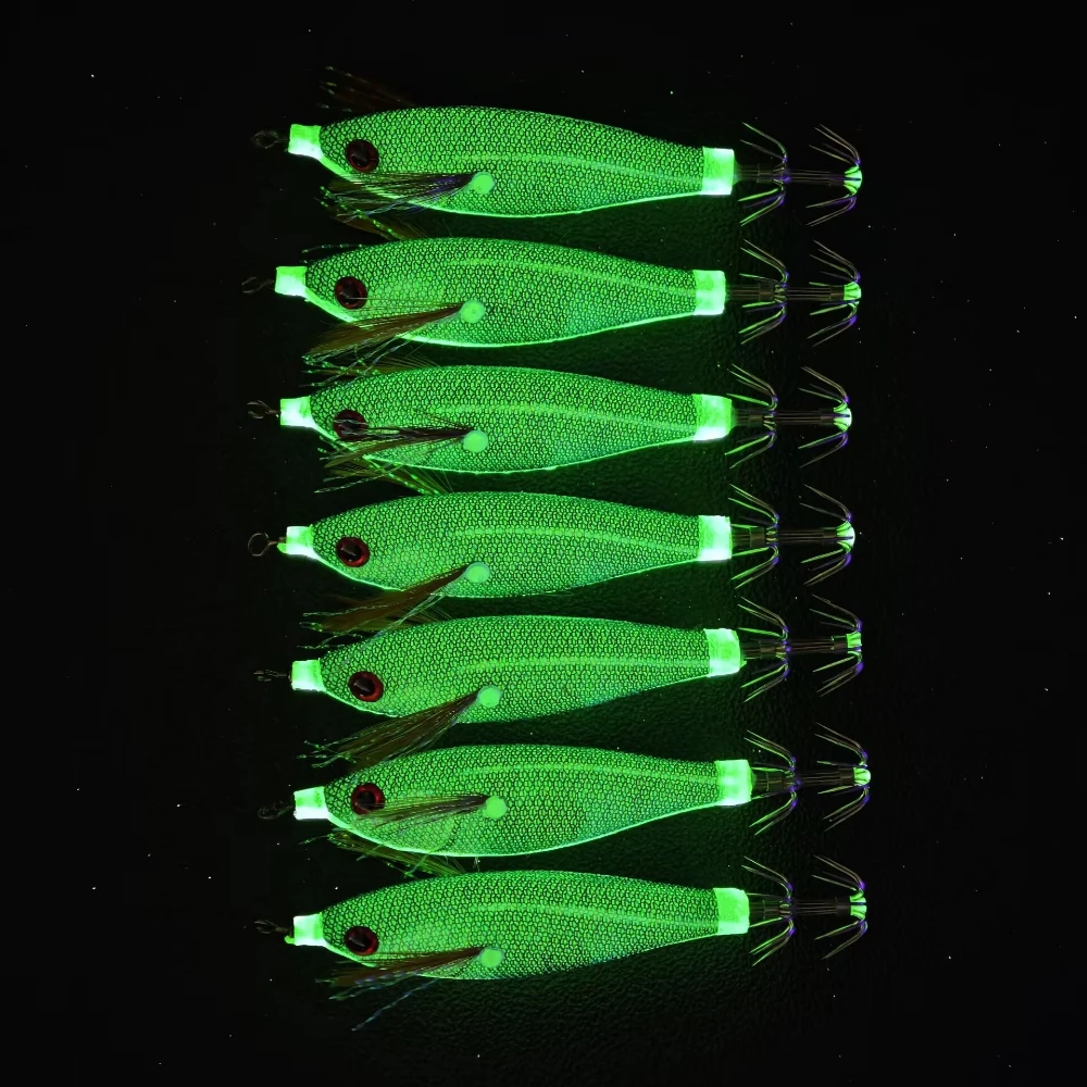 7 Stück/Set 8cm Oktopus Angelzubehör Leuchtender Tintenfisch-Jig-Haken Garnelen-Angelköder Leuchtende Garnelen-Jigs Tintenfisch – Detail 3