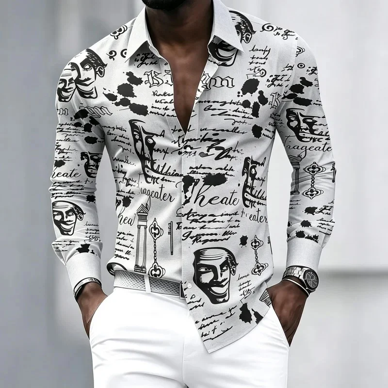 Men's Shirt, European and American English Graffiti Printed Long Sleeved Shirt, Personalized and Trendy Slim Fit Casual Shirt