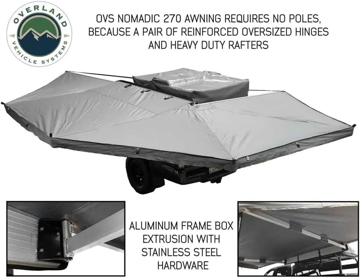 Overland Vehicle Systems HD Nomadic Awning 270 Driver Side - Dark Gray Cover with 1000G PVC Black Travel Cover Universal Fitment