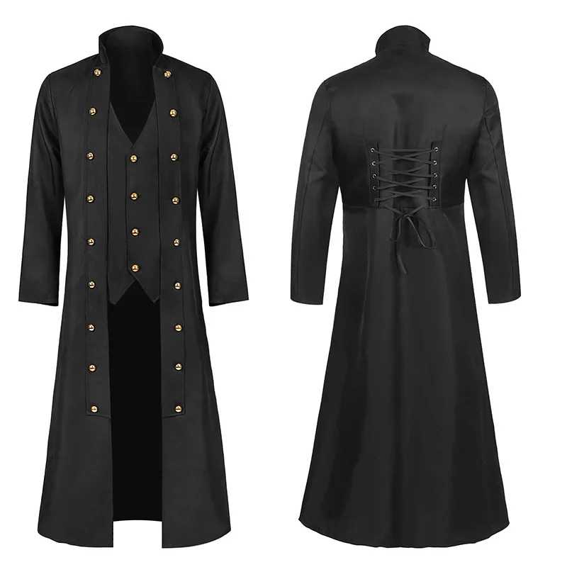 

Men Steampunk Gothic Long Jacket Coat Medieval Vintage Black Costumes Vampire Cosplay Pirate Halloween Outfits Men's Trenchcoat