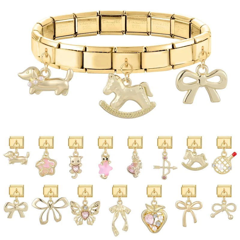 쉘 로즈 브랜치 리프 귀여운 별 기린 골드 컬러 이탈리아 참 링크 9mm 스테인리스 스틸 팔찌 남녀 DIY 제작