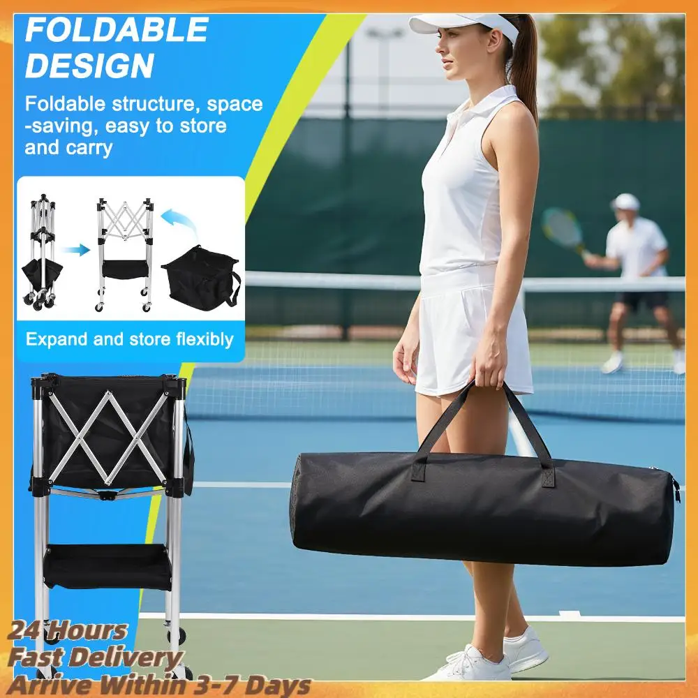 

Tennis Ball Hopper for Serve Training Foldable Tennis Ball Cart with Storage Bag Portable Pickleball Baseball Hopper Basket