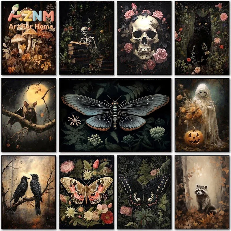 Forest Animals Butterfly Bat Plants Flowers Canvas Wall Art Nature Painting Decor Vintage Dark Skeleton Pumpkin Halloween Poster