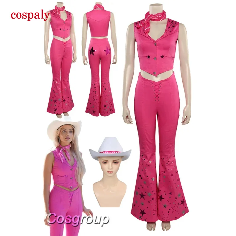 A Margot Cosplay Fantasia Rose Western Outfit Hat Dress Women Costume 2023 Movie Barbei Fantasy Halloween Carnival Party Clothes