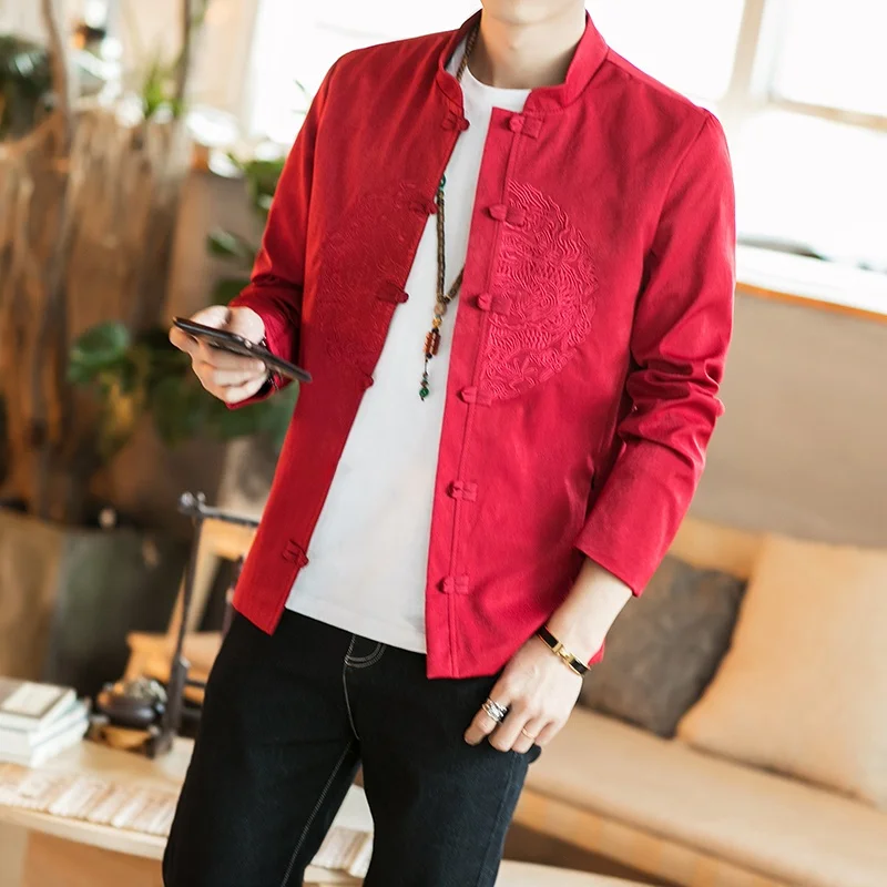 

Chinese Sle Men's Jaet Embroidered Dragon Pattern Stand Collar Red Button Detailing Breathable Polyester Fiber Spring Autumn