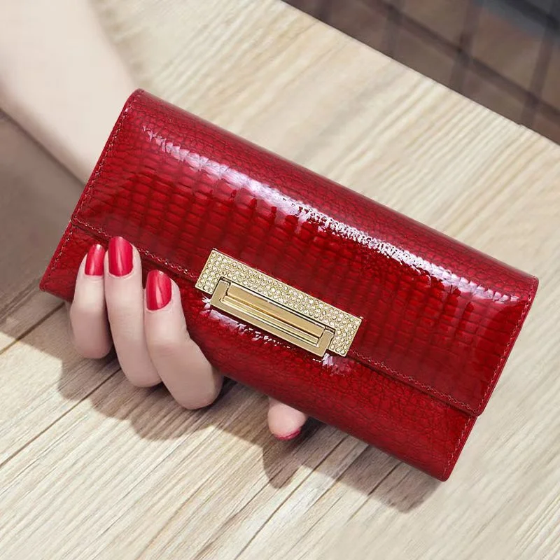 Alligator Pattern Genuine Leather Wallet Woman Long Ladies Cowhide Purse Diamond Decorated Card Holder Clutch Bag