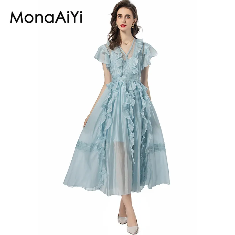 

MonaAiYi Fashion Design Spring Summer Women's Dress V-Neck Butterfly sleeve Lace Splicing Flounced Edge Elegant Mixi Dresses