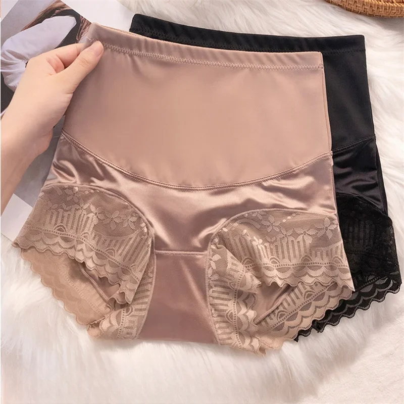 Sexy Lace Ice Silk Women Panties High Waist Seamless Panty Underwear Body Shaper Thin Soft Breathable Antibacterial Female Brief