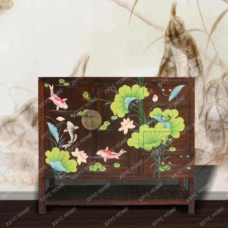 New Chinese style modern simple camphor solid wood porch large capacity storage foyer partition decorative shoe cabinet