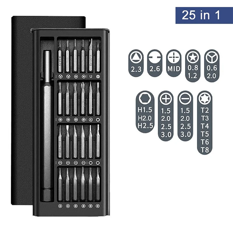 25-in-1 Präzisions-Schraubendreher-Set mit 24 Arten von Torx-, Sechskant- und Flachkopf-Bits, Mini-Taschenformat für Elektronik-Reparaturen